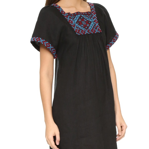 madewell embroidered wander dress Madewell Dress Womens Size S Boho Gypsy Embroidered Wander Black 100%  Linen